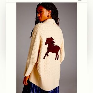 Anthropologie Cream Cardigan with Brown Horse Motif